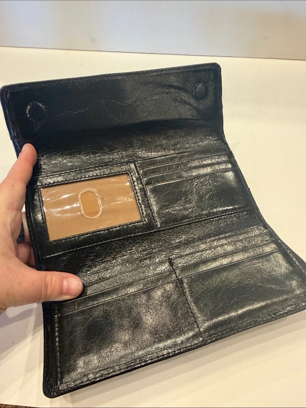 HOBO Black Leather Long Flap Wallet with Logo Accent